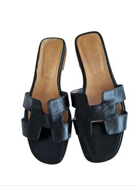 Hermes Black Leather Oran Slide Mules